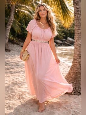 ANGELS BY THE SEA HAWAII $115 Coral Shell Waist Maxi Dress Sz XL 100% Rayon Boho